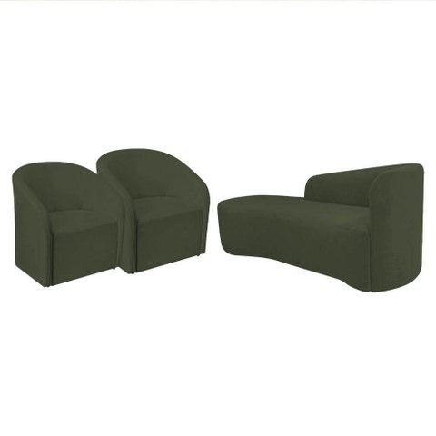 Kit Sofá Curvo França 140cm L.e e 2 Poltronas Luiza Max Conforto, Linho Verde
