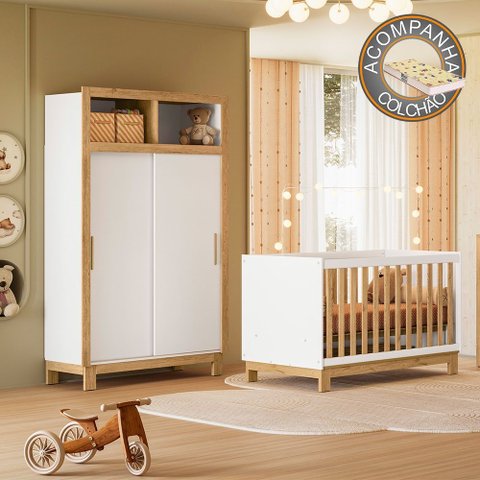 Quarto de Bebê com Berço Slim 4315 e Roupeiro 5085 Flora Branco Freijó Qmovi + Colchão Gazin
