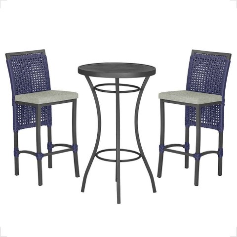 Mesa Bistrô com 2 Banquetas Roma Preta Corda Náutica Estofado 3 Trama Original