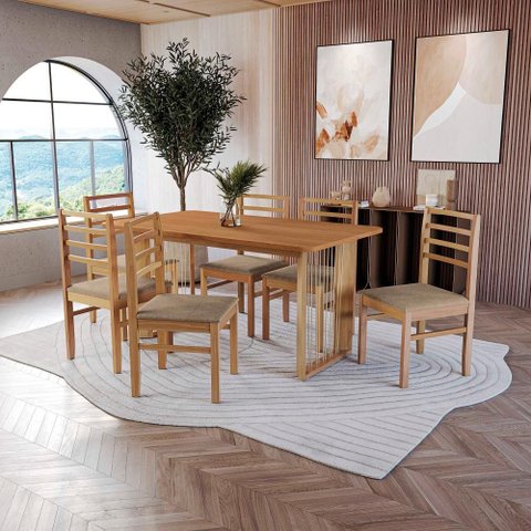 Conjunto Sala de Jantar Elisa em Madeira Maciça 6 Cadeiras Linho Fendi