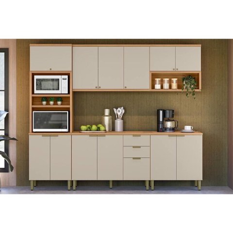 Cozinha Modulada Completa Selene 5 Peças (2aéreos+2balcões+1paneleiro) Cp03 Jequitiba/off White