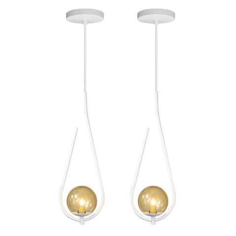 Kit 2 Pendentes Lustre On Drop Branco Globo de Vidro Âmbar