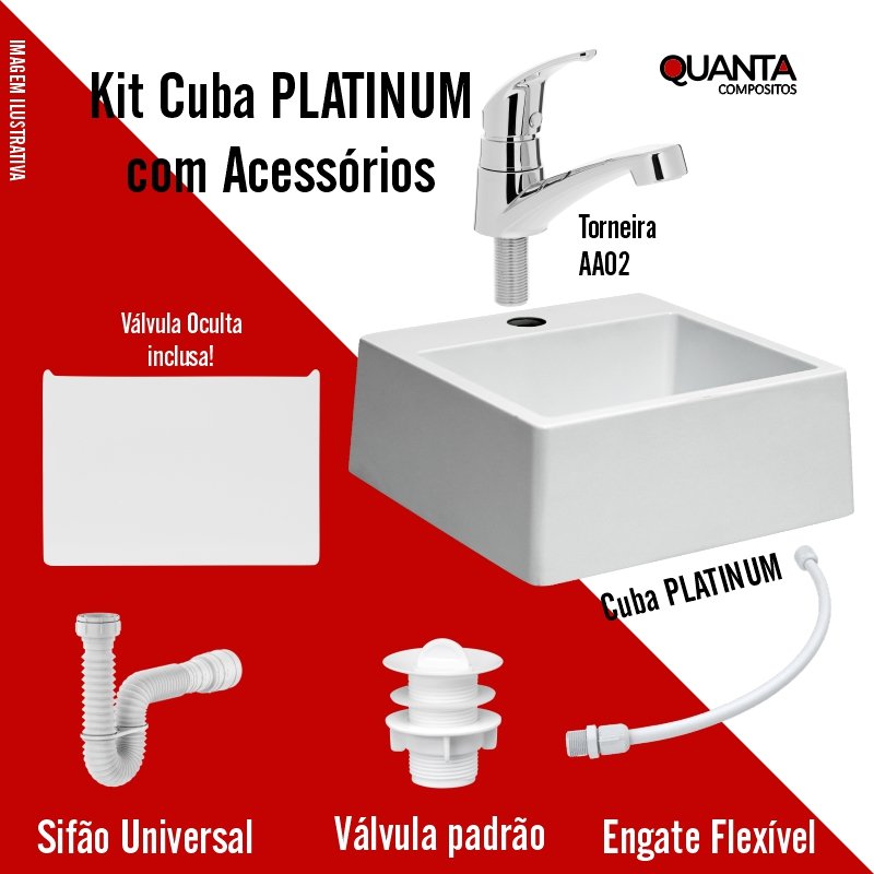 Kit05 - Cuba Platinum Branca C/ Torneira Cromada Aa02 + Válvula Simples + Sifão Universal + Engate F - 6