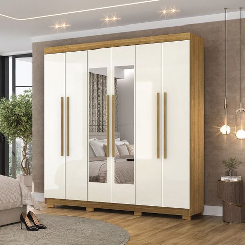 Guarda Roupa Casal Doral 6 Portas de Bater 2 com Espelhos 2 Gavetas Nature/offwhite G98 - Gran Belo