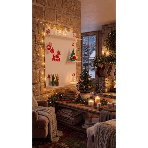 Prateleira de Parede Natal Decoração Completa + 15 Acessórios Natalinos 3D -  90x60 Branco