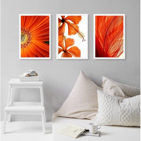 Kit 3 Quadros Decorativos Modernos Flores Laranjas 24x18cm:madeira Branca