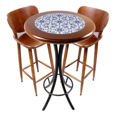 Conjunto Mesa Bistrô Alta Redonda 60cm + 2 Banquetas Bar Varanda Pub - Azulejo Português - Natural
