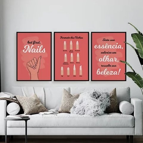 Kit 3 Quadros Para Salão Formato Das Unhas 24x18cm - com vidro:Madeira preta
