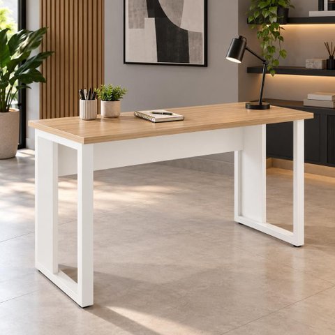 Mesa de Trabalho Industrial 150 cm X 60 cm Tampo Encorpado 25 mm F5 Office Cor:Macadâmia com Branco