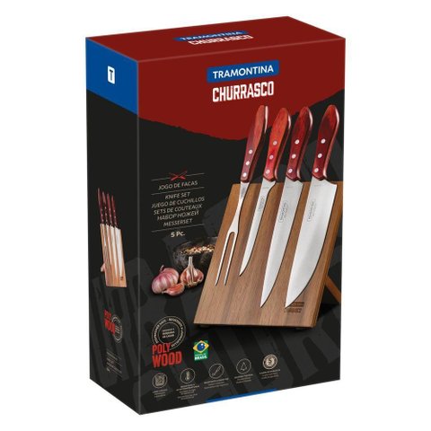 Jogo para Churrasco Tramontina com Laminas em Aço Inox e Cabos em Madeira Polywood Vermelho 5 Peç