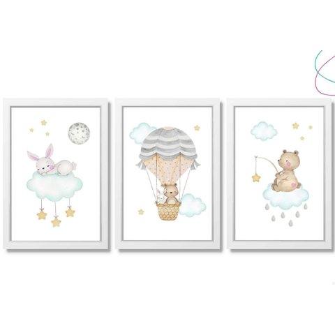 3 Quadros Decorativos Infantil Ursinho Coelhinho Balão Nuvem:branca