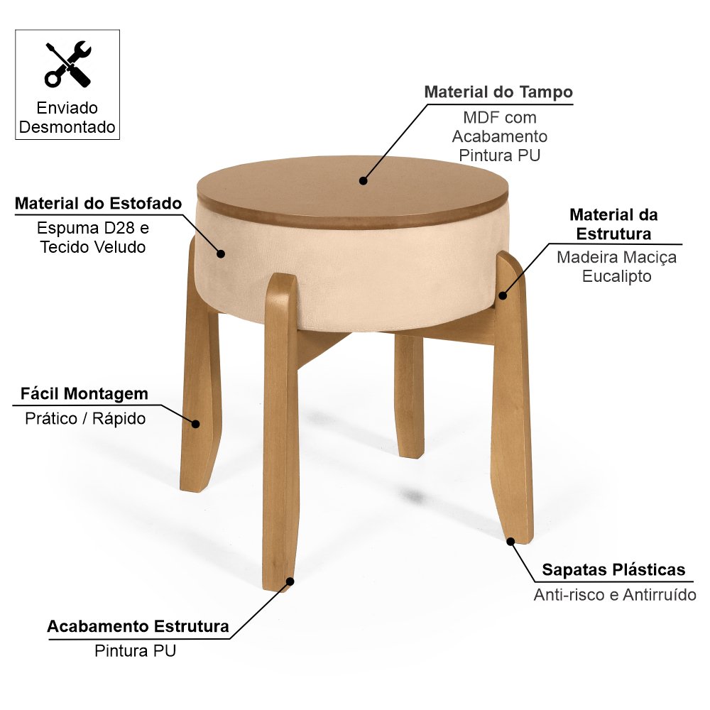 Puff Estofado Vira Mesa Redondo New Liz em Madeira Bege - Straub Web - 2