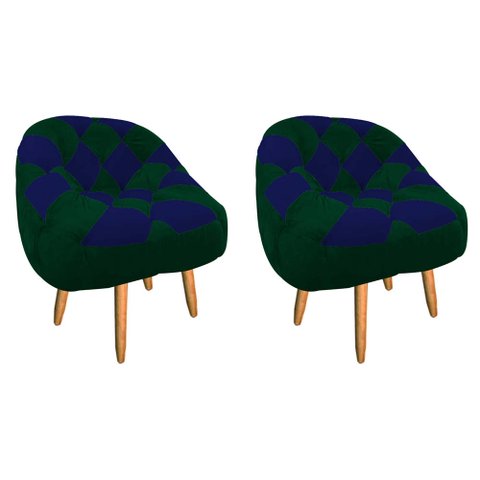Kit 02 Poltrona Paloma Escritório Sala Pé Palito Suede Verde e Suede Azul Marinho - Dominic Decor
