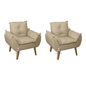 Kit 02 Poltrona/cadeira Decorativa Glamour Bege Linho com Pés Quadrado Bege Linho