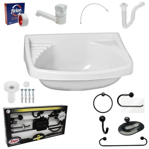 Pia Lavatório Banheiro 4,8l + Kit para Banheiro Redondo + Torneira + Sifão Universal + Engate Flexív
