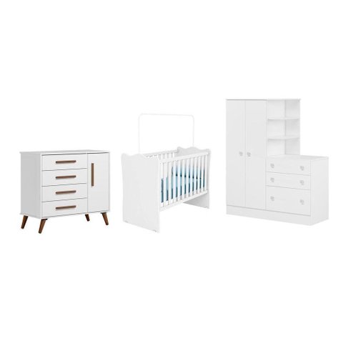 Quarto Infantil Guarda Roupa, Cômoda Sapateira e Berço Branco - Fdecor