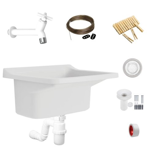 Tanque Lavanderia 40l Branco + Sifão Copo Sanfonado + Veda Rosca + Torneira Branca + Varal em Aço +