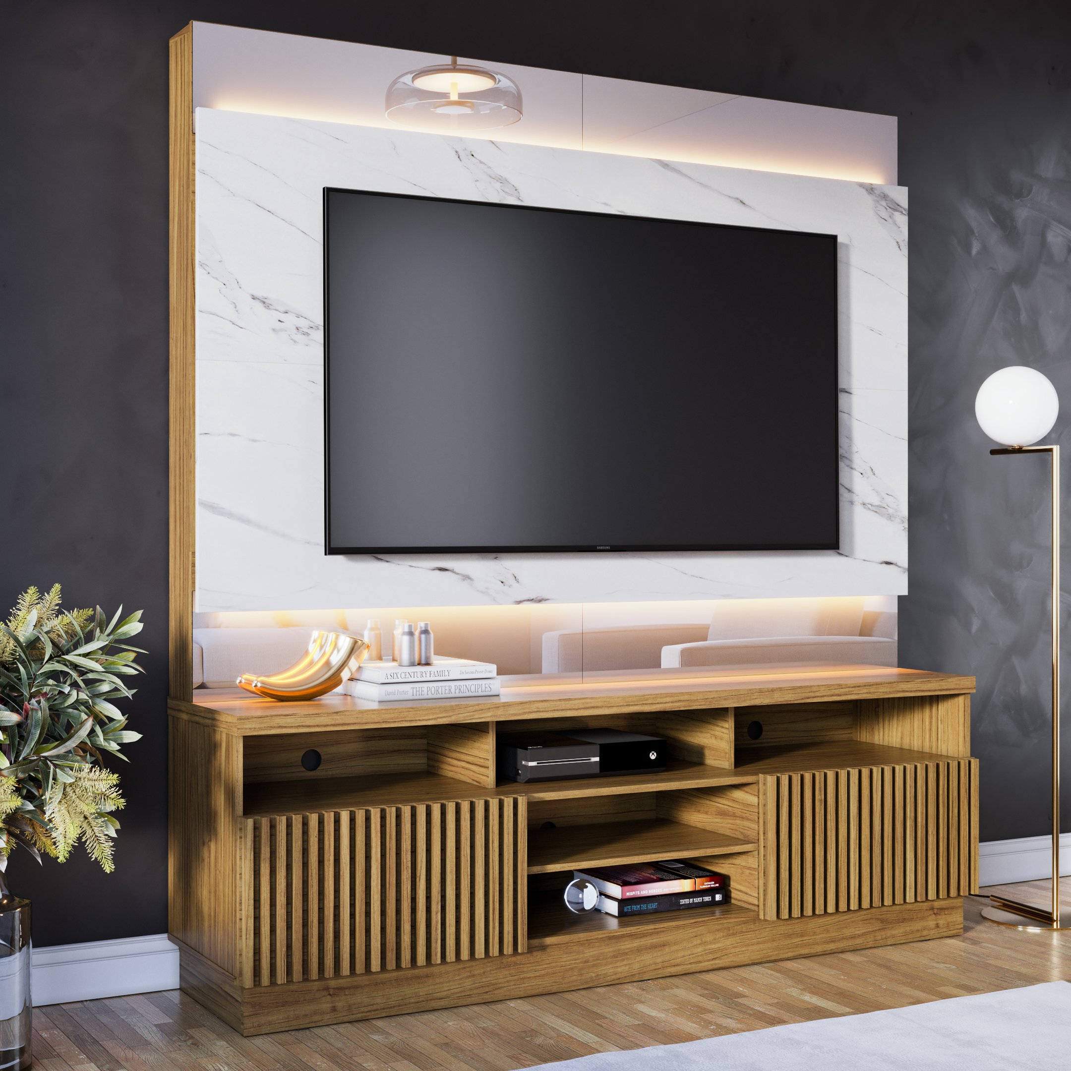 Estante Home para TV até 70 Polegadas com LED Ripado e Espelho Ibiza Yescasa - 1