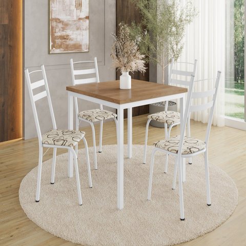 Conjunto Sala de Jantar Mesa Quadrada 90cm Tampo BP com 4 Cadeiras Adriana Branco/Madeira Cedro/Demolição