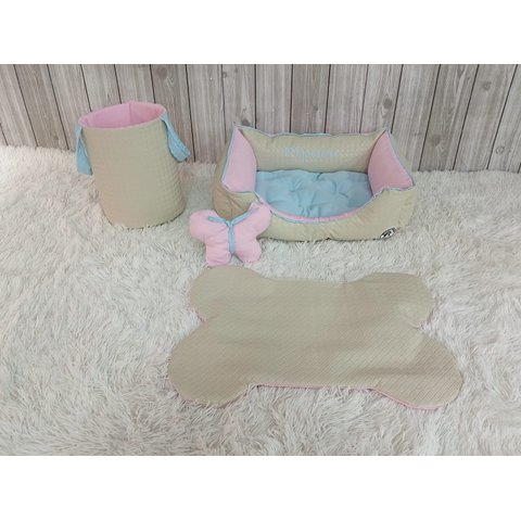 Kit Pet Caes e Gatos Cesto Organizador Baby Bege Cama G Personalizada Jogo Americano Baby Bege G