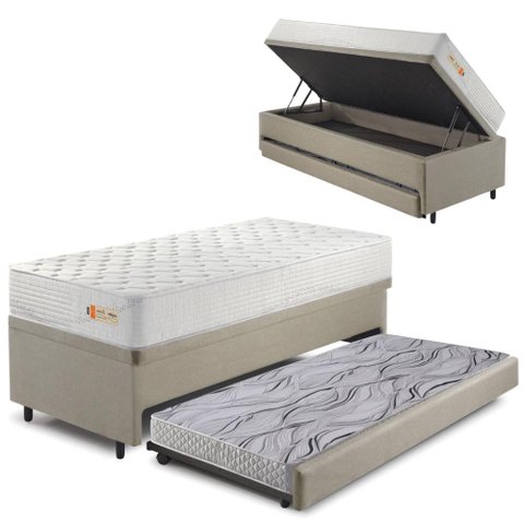Bicama Box Baú Linho 88x188 com Colchão Ecoline D33 Ecoflex