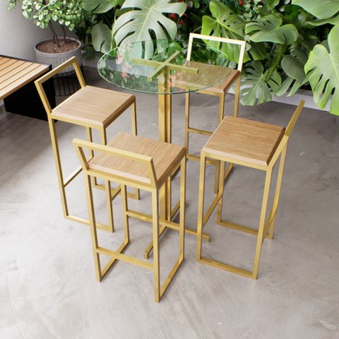 Jogo Mesa Alta Bistrô Redonda Vidro 4 Banquetas Pinus Confort Industrial Dourado Don Castro Decor In