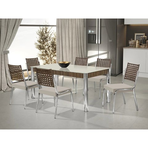 Conjunto Sala de Jantar Mesa Natani 160x90cm com 6 Cadeiras Natani Junco Yescasa Bege/Cromado