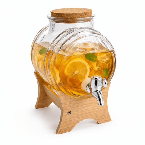 Barril Dispenser de Bebidas 3 Litros em Vidro com Torneira e Suporte de Madeira