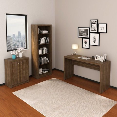 Conjunto 3 Peças com Escrivaninha, Estante e Armário Multiuso Baixo Marrom