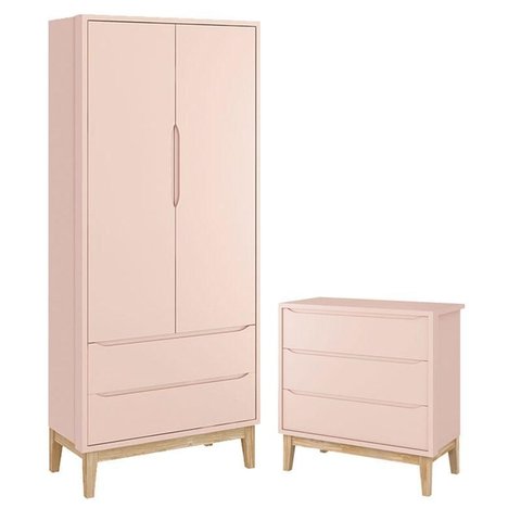 Guarda Roupa Infantil 2 Portas e Cômoda Gaveteiro New Classic Rosa com Pés Madeira Natural – Reller