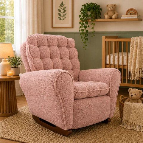 Poltrona Luxo Amamentação Balanço Lumiére Bouclé Bege Rose Liso