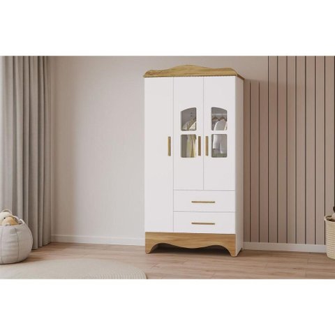 Guarda Roupa Bebê C/ 3 Portas (2 Cristal) e 2 Gavetas Lisi Branco/amendoa - Peroba