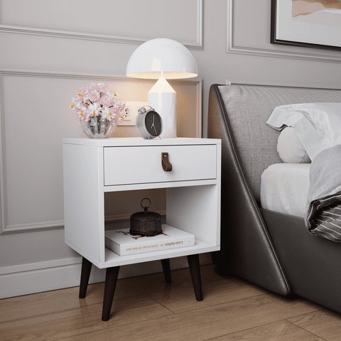 Mesa de Cabeceira Mesinha para Quarto 1 Gaveta Puxador em Couro Ravenna - Branco