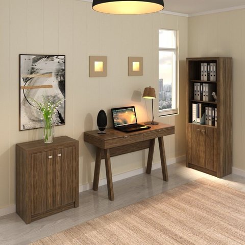 Conjunto 3 Peças com Escrivaninha, Armário Multiuso Baixo e Estante Livreio com 2 Portas Marrom/Nogal