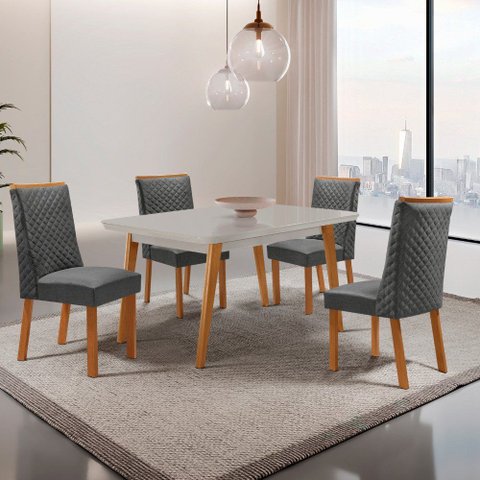 Mesa de Jantar Copper 120cm Tampo MDF Vidro Canto Copo com 4 Cadeiras Yasmin