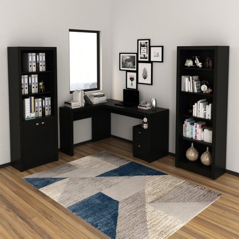 Conjunto 3 Peças com 1 Mesa para Escritório em L, Estante Livreiro e 2 Portas