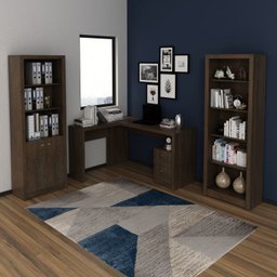 Kit 3 Peças com 1 Mesa para Escritório em L, Estante Livreiro e Estante 2 Portas - 1