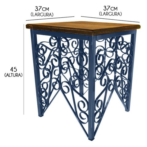 Mesa de Canto de Ferro e Madeira de Demolição Rústica Artesanal para Quarto - Azul Royal