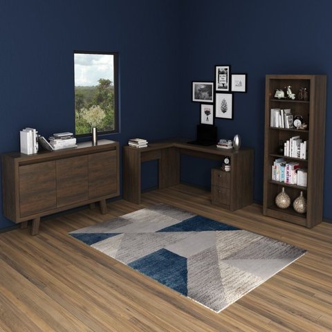 Conjunto 3 Peças com Escrivaninha em L, Estante Livreiro e Balcão para Escritório 3 Portas