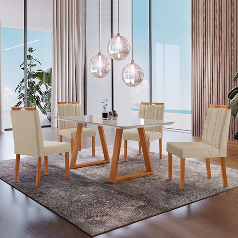 Conjunto Sala de Jantar Mesa Viena Madeira Maciça 140x80cm Tampo Retângular Vidro Off White com 4 Ca