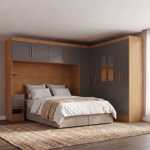 Guarda Roupa Casal Modulado com Espelho e Cabeceira 100% MDF Imperial Yescasa Cinamomo/Chumbo