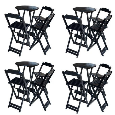 Kit 4 Conjuntos De Mesa Bistrô Dobravel Em Madeira Maciça Com 3 Banquetas Altas - Preto - Preto