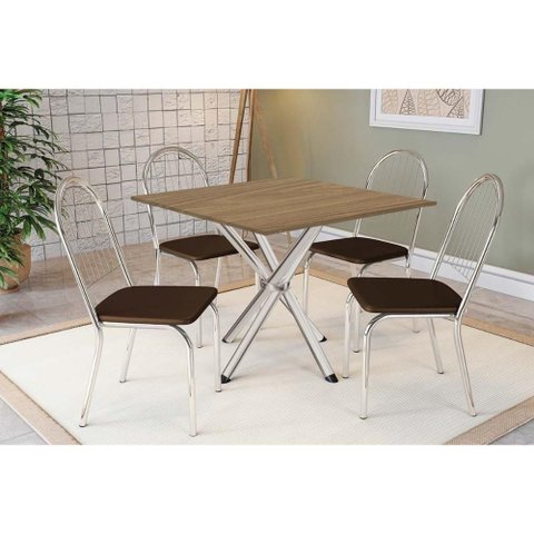 Conjunto: Mesa Sala Jantar Volga C/ Tampo de Madeira 90cm e 4 Cadeiras Noruega Cromado/nogueira -