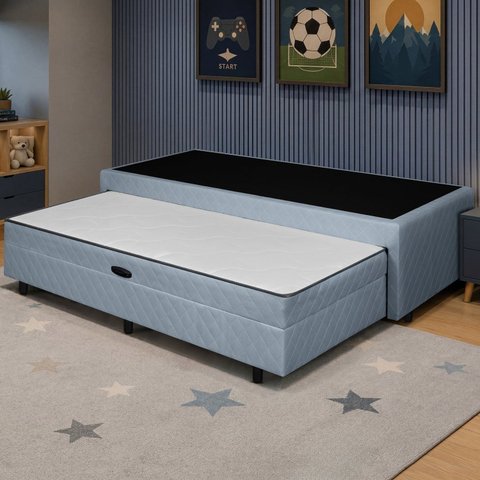 Base Box Solteiro c/ Baú na Cama Auxiliar Gaby 88x188 Cinza
