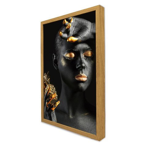 Quadro Decorativo Caixa Mulher Preto e Dourado Tacolado Moldura Caixa 3cm Freijó sem Vidro 80 X 120c