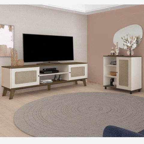 Conjunto Sala Rack P/ Tv até 75" com 2 Portas, Buffet Aparador 1 Porta Charlotte Pinho/off White - a