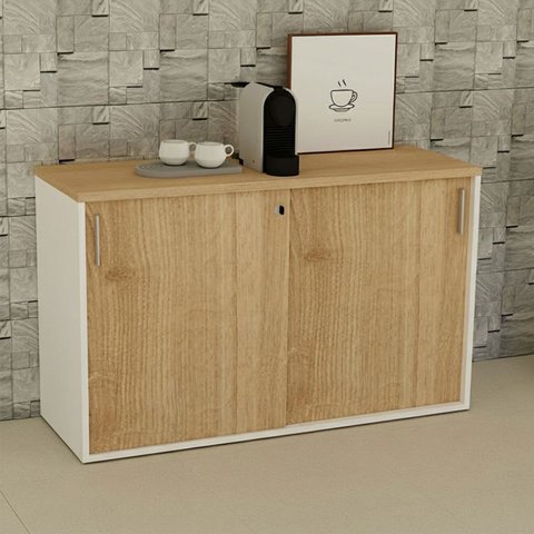 Armário para Escritório Baixo 120cm x 74cm com 2 Portas de Correr e Chave Corporate Branco/Carvalho