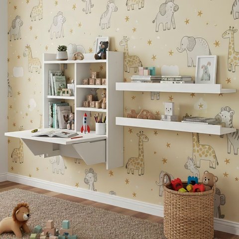 Conjunto Estante com Mesa Dobrável e Aba 2 Prateleiras 63cm Branco