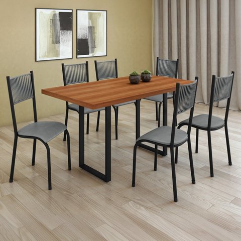 Conjunto Sala de Jantar Mesa 6 Cadeiras Tampo de Madeira Mariana Prata/Freijó