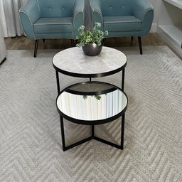 Conjunto Mesa de Centro Redonda Dallas Marmo Areia com Espelho - Preto - 2